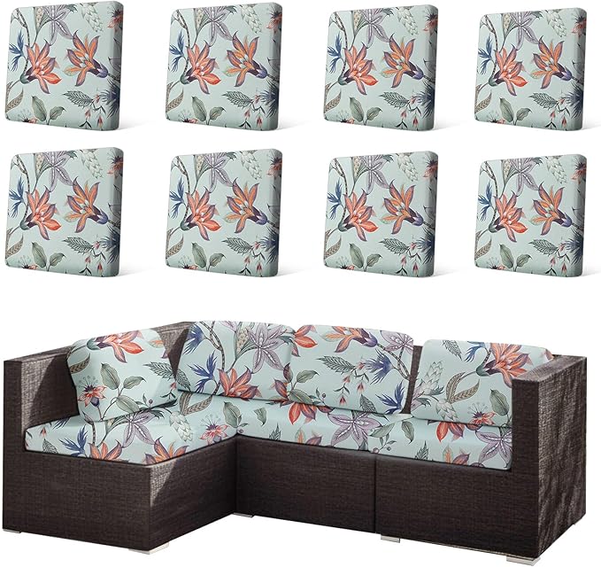 HANDONTIME 8Pcs Outdoor Patio Cushion Covers Boho Floral Stretch Couch Cushion Cover Chic Patio Couch Slipcover for Outdoor/Indoor Washable Non-Slip Furniture Protector for Pet (Blue, Cover Only)