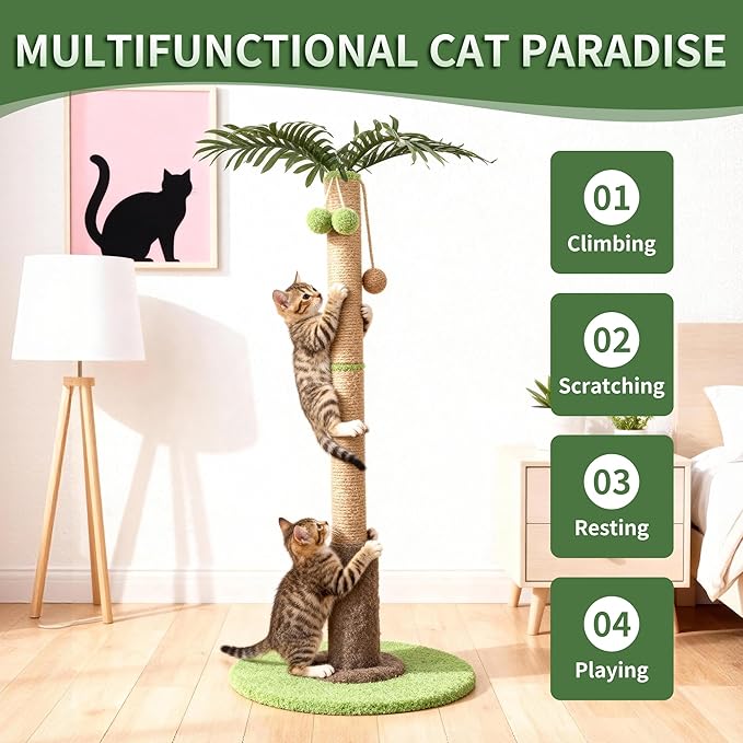 RPZ Palm Tree Cat Scratching Post for Indoor Cats, Tall Sisal Cat Scratcher Tree with Sturdy Base, Cute Cat Scratch Post for Kittens & Adult Cats