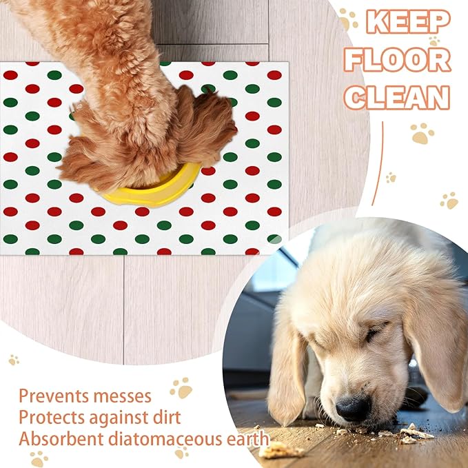 Polka Dots Dog Food Mat for Floors Absorbent Dog Bowl Mat for Food and Water Dispenser Quick Dry Cat Food Placemat Pet Supplies 12" x 20", Circle
