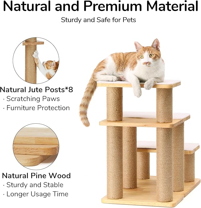 FUKUMARU Dog Stairs, Solid Wood Pet Stairs with Cat Scratching Post, Transformable Cat Ramp Can Hold Up to 200 lbs, 20 Inch Pet Steps for Dogs and Cats to Climb High Bed and Couch, Over 6 Combinations