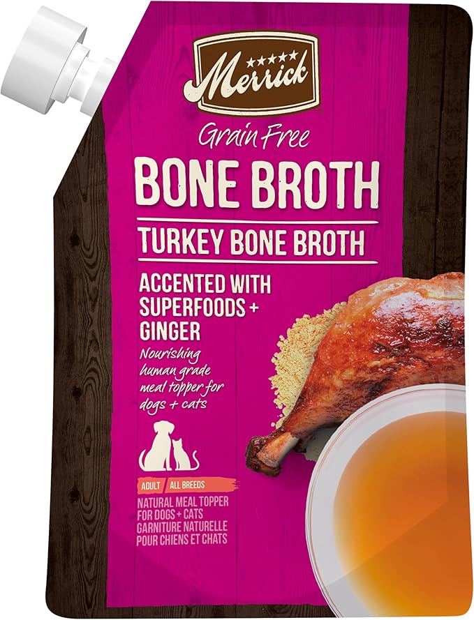 Merrick Grain Free Bone Broth, Premium Human Grade And Gluten Free Dog And Cat Food Topper Pouches, Turkey - 16 oz. Pouch