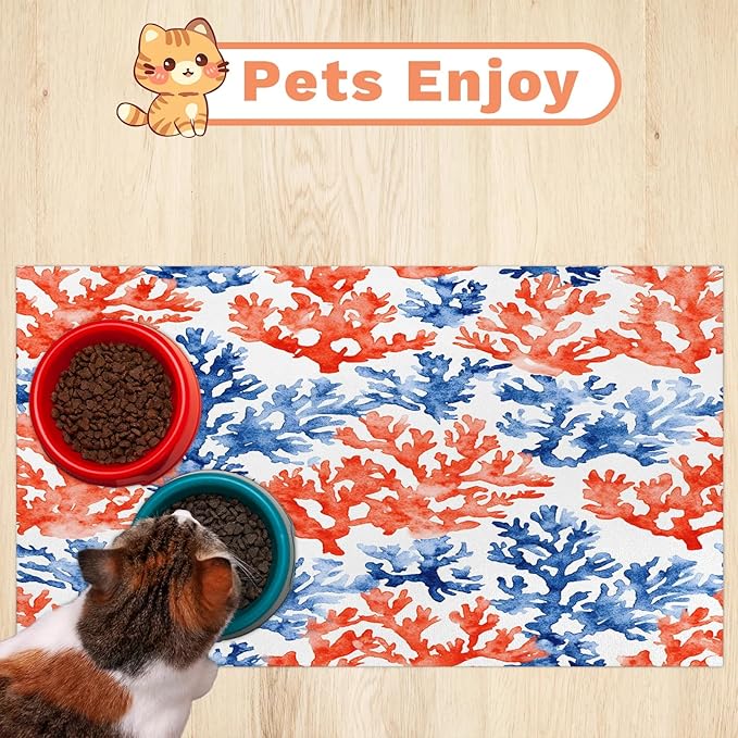 Coastal Beach Dog Food Mat for Floors Absorbent Dog Bowl Mat for Food and Water Dispenser Quick Dry Cat Food Placemat Pet Supplies 17" x 30", Watercolor Coral