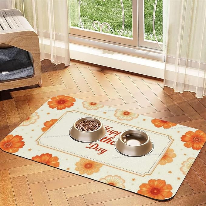 Pet Feeding Mats with Residue Collection Happy Mother's Day Floral Gift for Mom Yellow Lh Waterproof Dog Cat Bowl Mat 18X12In with Prevent Water Food Spills