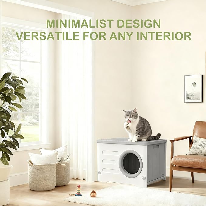 Outdoor Cat House-Weatherproof Heavy-Duty & Sturdy Feral Cat Shelter, Insulated Elevated Stackable Plastic Cave for Outdoor/Indoor Use with Cushion (Grey)