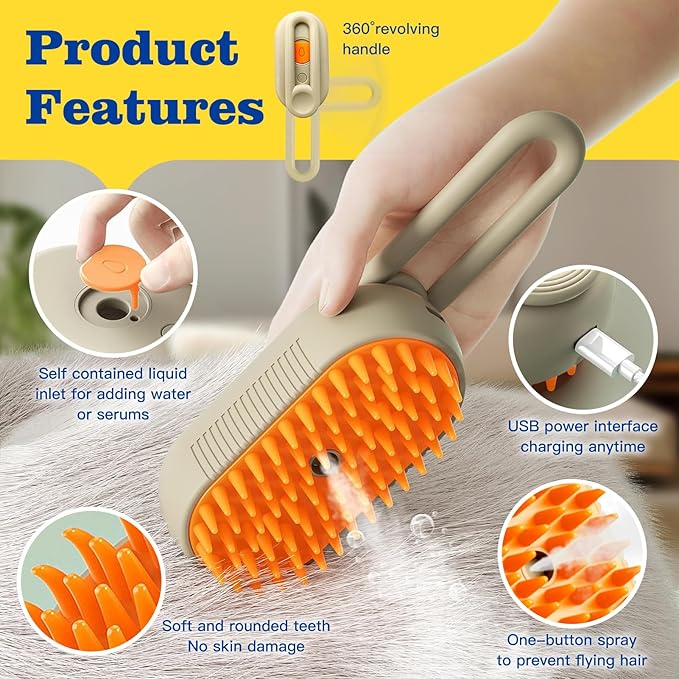 4 in 1 Cat Steam Brush for Shedding Cat Steam Brush Spritz Defur Comb for Cats With Shedding Steamy Pet Hair Brushes Indoor Steamer Dog Steaming Cepillo Para Gatos Con Vapor Misting Pets Grooming Comb