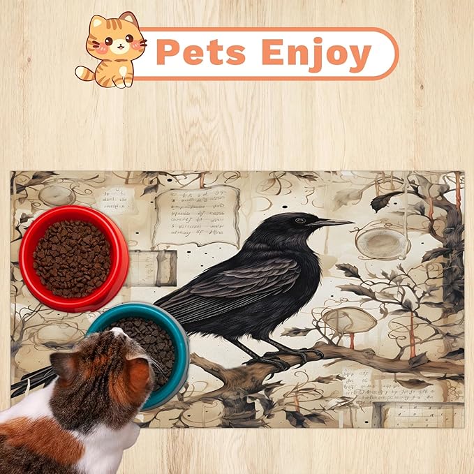 Halloween Crow Dog Food Mat for Floors Absorbent, Quick Dry Water Dispenser Mat for Food, Water, Pet Supplies 16" x 24", Tree