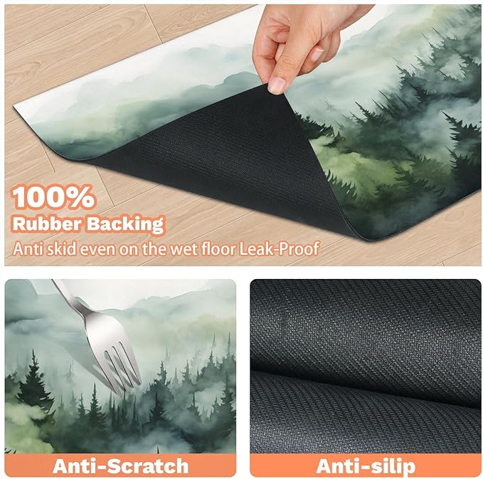 Misty Forest Dog Food Mat for Floors Absorbent, Quick Dry Water Dispenser Mat for Food, Water, Pet Supplies 12" x 20", Nature Woodland