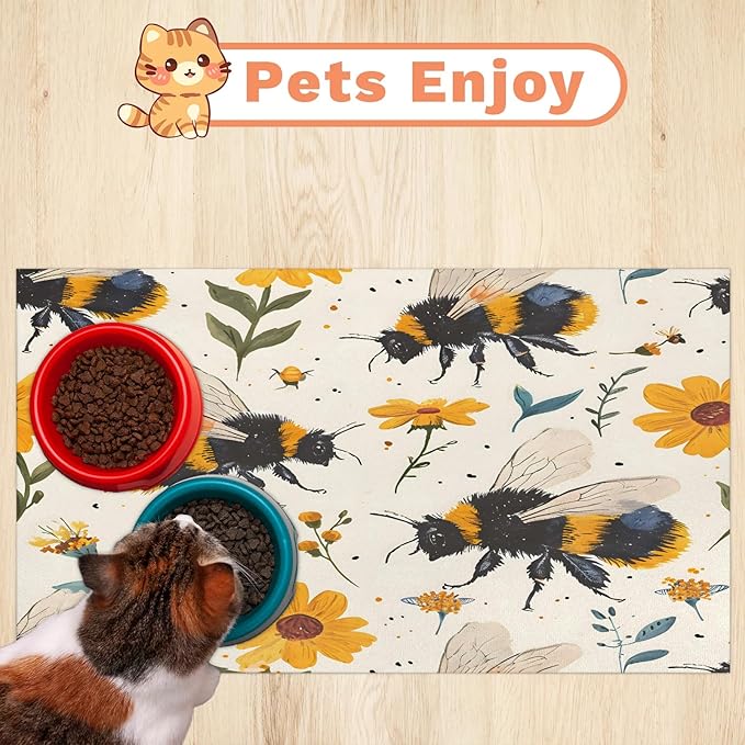 Boho Bee Dog Food Mat for Floors Absorbent, Quick Dry Water Dispenser Mat for Food, Water, Pet Supplies 12" x 20", Spring Floral