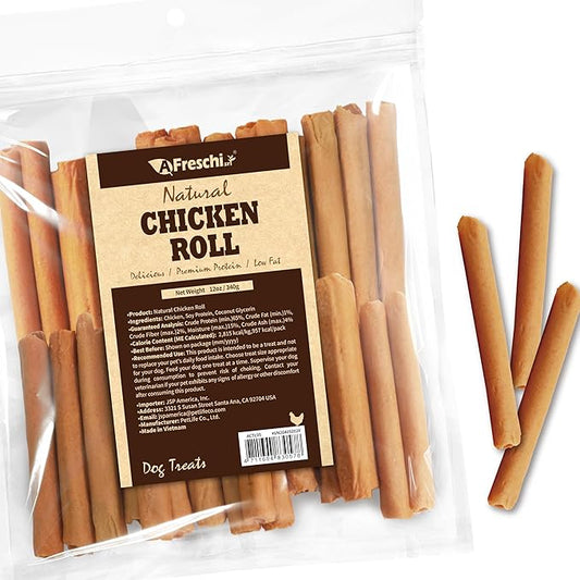 A Freschi srl Chicken Dog Treats, All Natural, Healthy & Easily Digestible, Grain-Free Puppy Chews, Low-Fat, Human Grade Training & Rewards Dog Snacks, Chicken Roll, 12 oz Pack