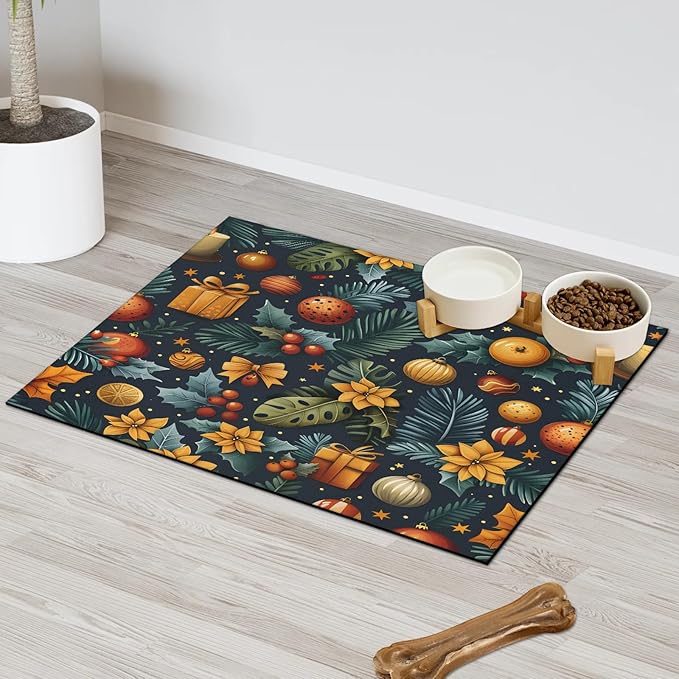 Merry Christmas Dog Food Mat for Floors Absorbent, Quick Dry Water Dispenser Mat for Food, Water, Pet Supplies 12" x 20", Holly Flower