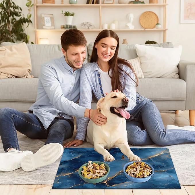 Blue Marble Dog Food Mat for Floors Absorbent, Quick Dry Water Dispenser Mat for Food, Water, Pet Supplies 16" x 24", Modern Abstract