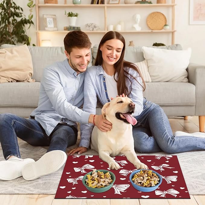 Christmas Bow Dog Food Mat for Floors Absorbent, Quick Dry Water Dispenser Mat for Food, Water, Pet Supplies 12" x 20", Cute Love