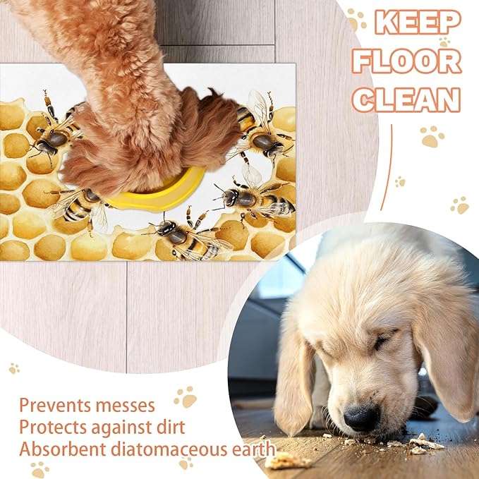 Cute Bee Dog Food Mat for Floors Absorbent, Quick Dry Water Dispenser Mat for Food, Water, Pet Supplies 12" x 20", Honeycomb