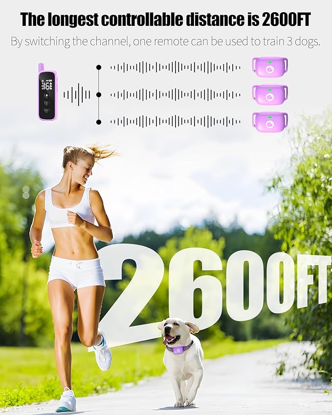Dog Shock Collar with Remote Control - Rechargeable Training Collar for Dogs, Beep/Vibration/Shock, Security Lock, 2600FT Range IP68 Waterproof Electric Collar for 10-120lbs All Breeds, Purple