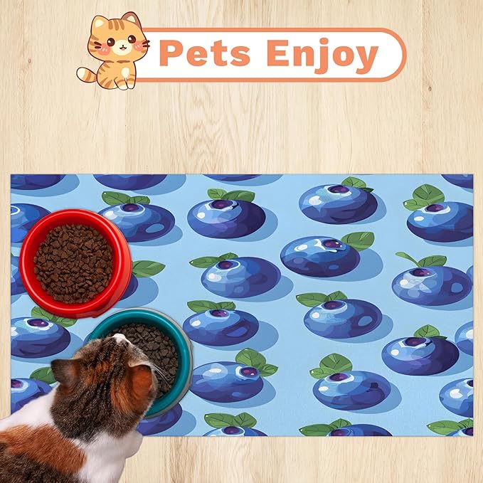 Blueberries Dog Food Mat for Floors Absorbent Dog Bowl Mat for Food and Water Dispenser Quick Dry Cat Food Placemat Pet Supplies 24" x 32", Blue Fruit