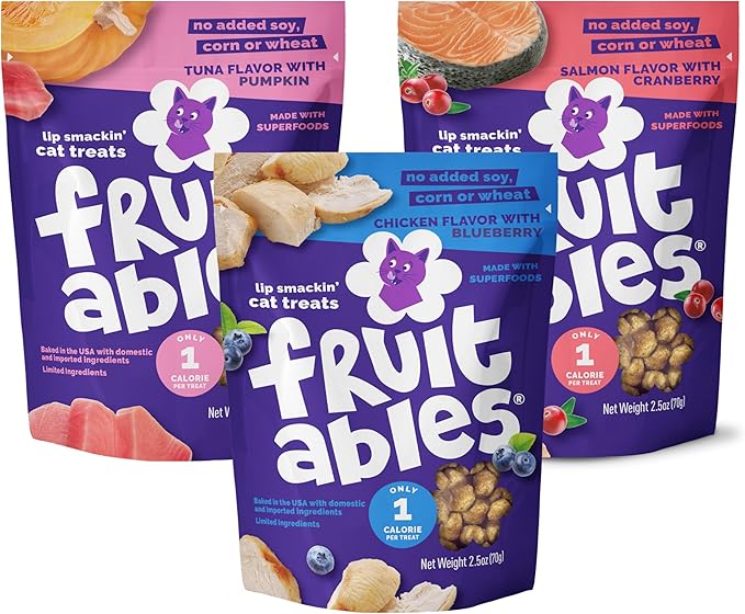 Fruitables Cat Treats - Crunchy Treats for Cats - Healthy Low Calories Packed with Protein - Free of Wheat, Corn and Soy - Made with Real Salmon, Tuna, Chicken - 2.5 Oz (3 Pk)