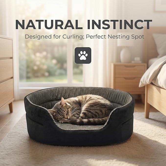 Medium Dog Bed Cat Bed 18x26 Inch, Calming Pet Bed for Small Dogs & Cats, Half-Enclosed Open-Top Velvet Anti-Anxiety Bed, Machine Washable Cozy Snuggle Bed (Black)