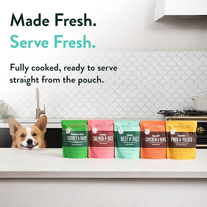 Portland Pet Food Company Fresh Dog Food Pouches - Human-Grade Toppers Wet Pet Meal & Mixers - Small & Large Breed Puppy & Senior Dogs - Gluten-Free, Limited Ingredient Salmon & Beef - 8 Pack Variety