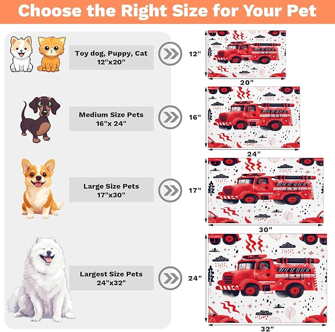 Red Truck Dog Food Mat for Floors Absorbent, Quick Dry Water Dispenser Mat for Food, Water, Pet Supplies 17" x 30", Car Vehicle