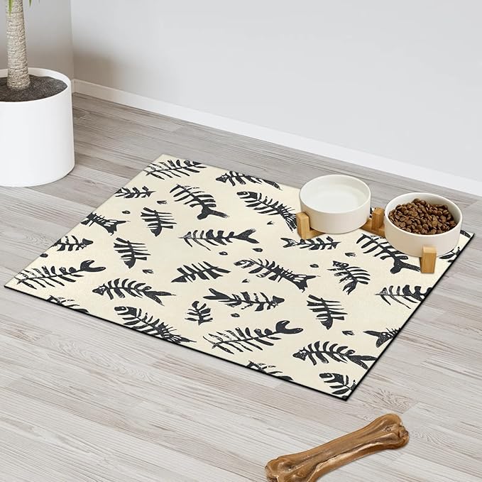 Fish Skull Dog Food Mat for Floors Absorbent Dog Bowl Mat for Food and Water Dispenser Quick Dry Cat Food Placemat Pet Supplies 12" x 20", Fish Bones