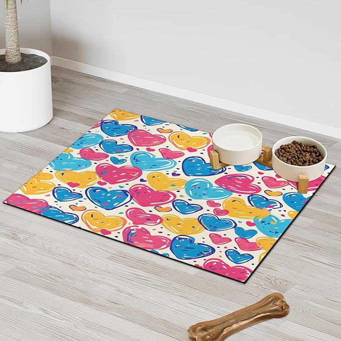 Colorful Heart Dog Food Mat for Floors Absorbent, Quick Dry Water Dispenser Mat for Food, Water, Pet Supplies 12" x 20", Love