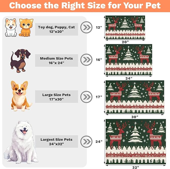 Xmas Elk Dog Food Mat for Floors Absorbent, Quick Dry Water Dispenser Mat for Food, Water, Pet Supplies 24" x 32", Christmas Tree