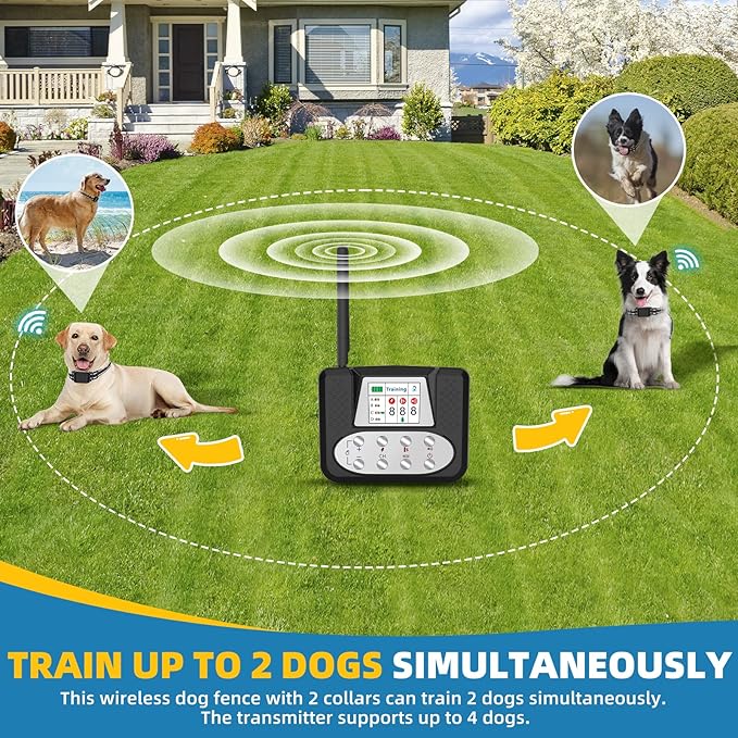 Wireless Dog Fence System for 2 Dogs, Electric Dog Fence with LCD Screen, Adjustable Warning Strength, Range 50-999ft, Rechargeable Wireless Pet Fence for Outdoor Use