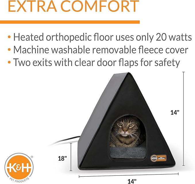 K&H Pet Products Heated Outdoor Cat House A-Frame, Weatherproof Shelter for Strays & Ferals, Safety Listed Insulated Outdoor Kitty House, Removable Door Flap - Gray/Black 18 X 14 X 14in 20W