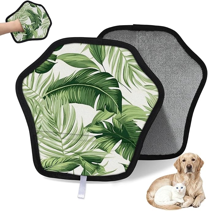 Palm Tree Leaves Electrostatic Pet Hair Removal Glove for Cats & Dogs - Reusable Grooming Mitt for Couch, Carpet, Car Seat & Laundry - Large 9x9 Inch