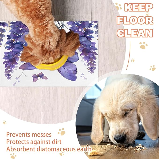 Purple Butterfly Dog Food Mat for Floors Absorbent, Quick Dry Water Dispenser Mat for Food, Water, Pet Supplies 16" x 24", Lavender Floral
