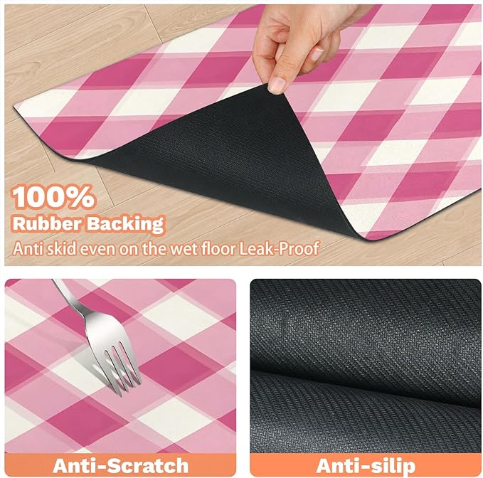Pink Plaid Dog Food Mat for Floors Absorbent, Quick Dry Water Dispenser Mat for Food, Water, Pet Supplies 24" x 32", Checkerboard