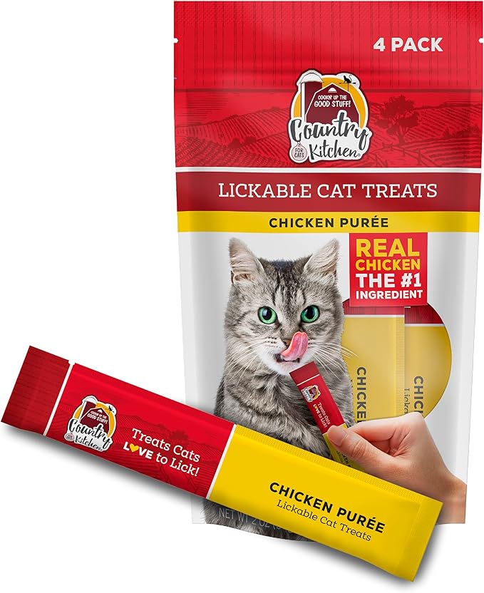 Country Kitchen Chicken Puree Lickable Cat Treats, Made with Real Chicken, 2 Oz, 4 Count