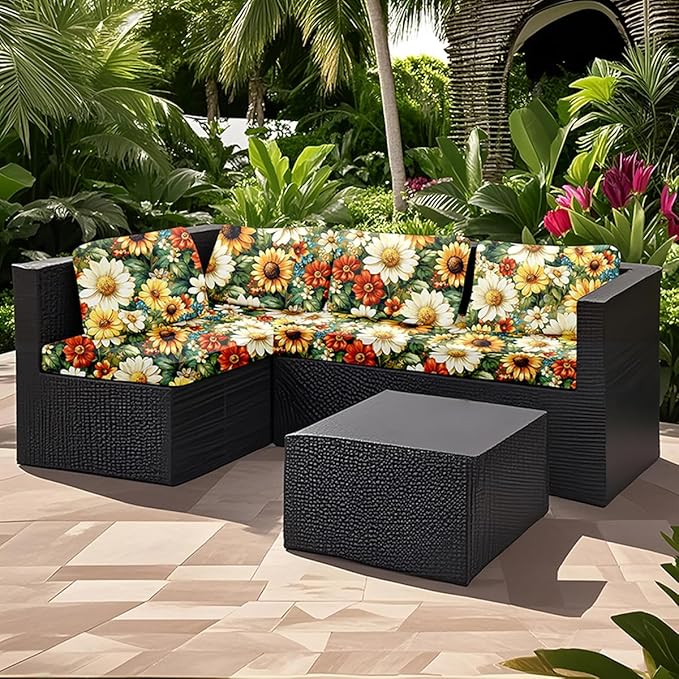 HANDONTIME 8Pcs Outdoor Patio Cushion Covers Sunflower Triangle Stretch Couch Cushion Cover Patio Couch Slipcover for Outdoor/Indoor Washable Non-Slip Furniture Protector for Pet (Multi,Cover Only)