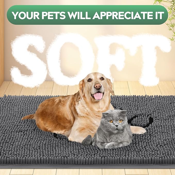 Dog Door Mat for Muddy Paws, Pet Rug Chenille Absorbent Outdoor Doormat 71"x 25", Non Slip Heavy Indoor Doormat Soft Front Inside Doormats for Entryway, Mud Paws, Patio,Dog Paw Black Grey