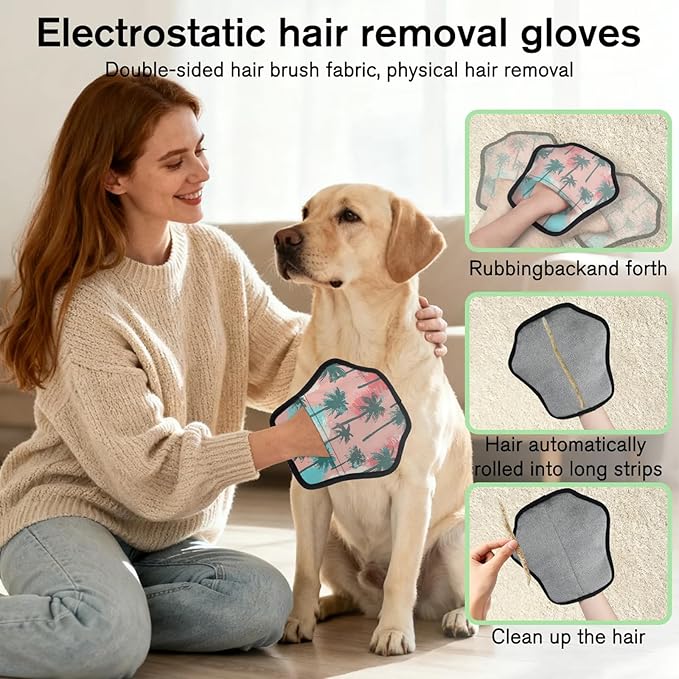 Coconut Trees Theme Electrostatic Pet Hair Removal Glove for Cats & Dogs - Reusable Grooming Mitt for Couch, Carpet, Car Seat & Laundry - Large 9x9 Inch