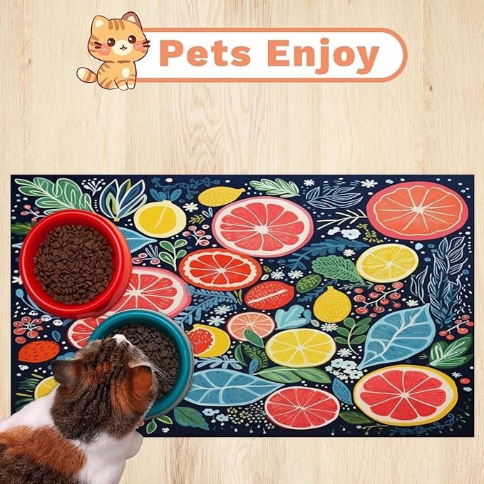 Colorful Lemon Dog Food Mat for Floors Absorbent Dog Bowl Mat for Food and Water Dispenser Quick Dry Cat Food Placemat Pet Supplies 12" x 20", Leaves
