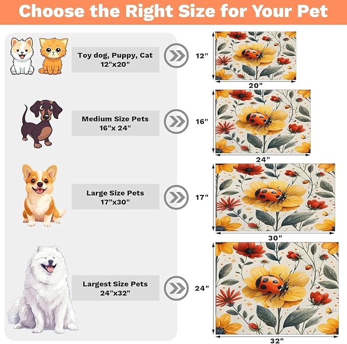 Ladybird Dog Food Mat for Floors Absorbent, Quick Dry Water Dispenser Mat for Food, Water, Pet Supplies 16" x 24", Flower