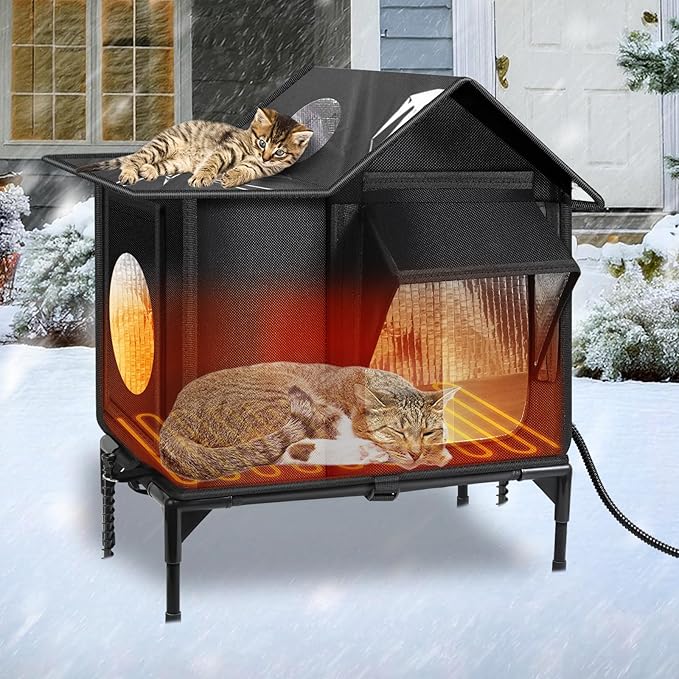 Heated Outdoor Cat House Weatherproof with Heating Pad, Insulated Feral Cat Houses for Outdoor Cats, Safe Escape Door, Heated Cats House for Outside, Outside Stray Cats Shelter with Elevated Base(S)