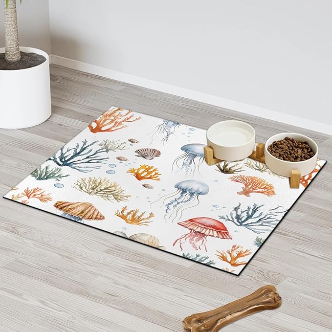 Sea Jellyfish Dog Food Mat for Floors Absorbent Dog Bowl Mat for Food and Water Dispenser Quick Dry Cat Food Placemat Pet Supplies 24" x 32", Coral Coastal