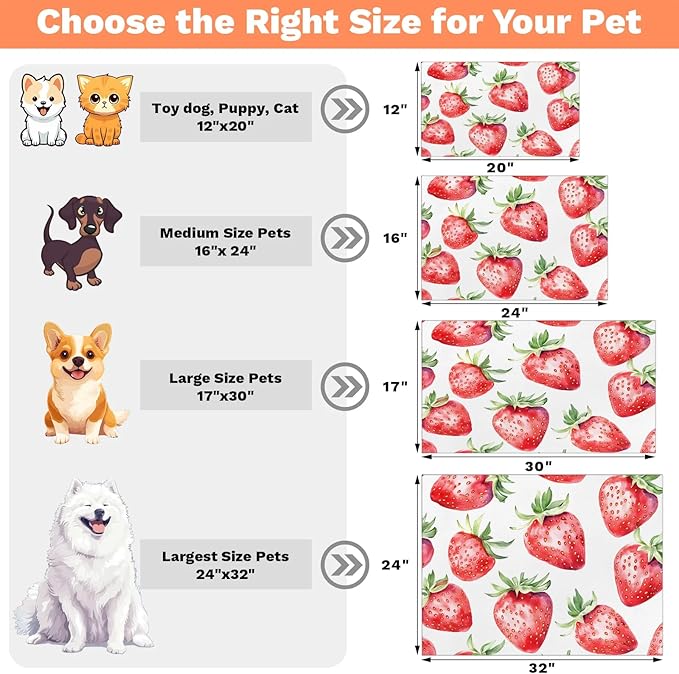 Strawberry Dog Food Mat for Floors Absorbent Dog Bowl Mat for Food and Water Dispenser Quick Dry Cat Food Placemat Pet Supplies 24" x 32", Cute Fruit