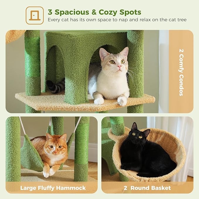 71.2 Inches Cactus Tall Cat Tree for Large Cats, Multi-Level Cat Tower with 2 Cozy Condos, Super Large Top Perch, 3 Hammocks, Sisal Scratching Posts and 2 Pompoms, Green