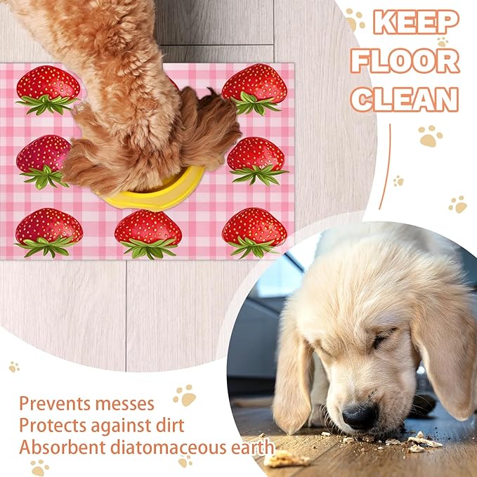 Strawberry Dog Food Mat for Floors Absorbent Dog Bowl Mat for Food and Water Dispenser Quick Dry Cat Food Placemat Pet Supplies 24" x 32", Check