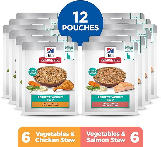 Hill's Science Diet Adult 1-6 Perfect Weight Wet Cat Food, Variety Pack: Chicken & Vegetables, Salmon & Vegetables Stew, 2.8 oz. Pouch, 12-Pack