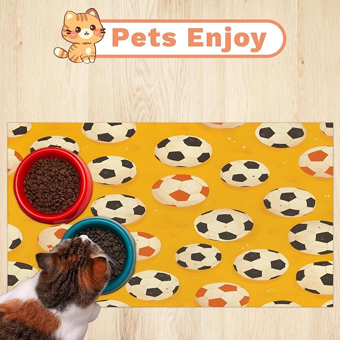 Soccer Ball Dog Food Mat for Floors Absorbent, Quick Dry Water Dispenser Mat for Food, Water, Pet Supplies 16" x 24", Sports Theme