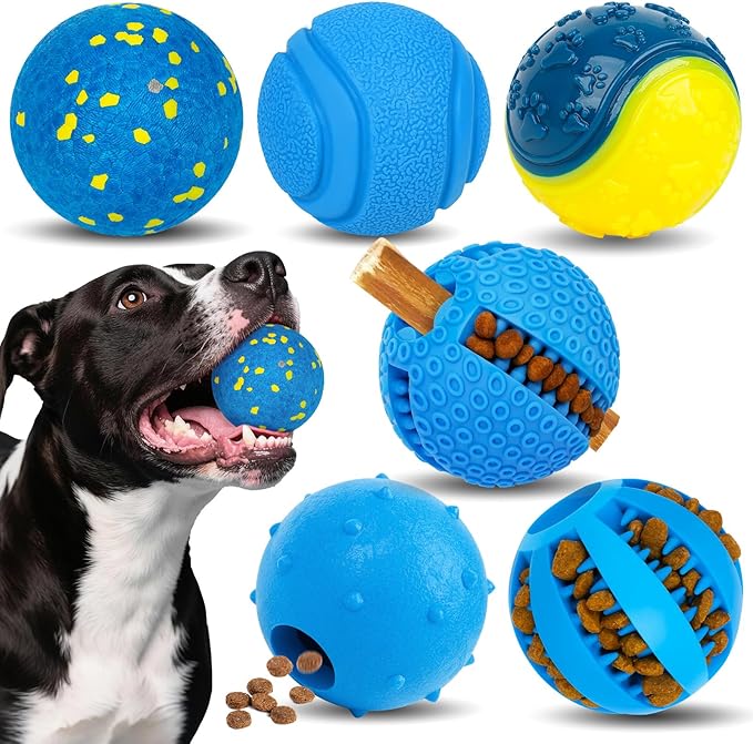 Dog Balls 6 Pack, Puppy Toys for Small & Medium Dogs, Interactive Dog Fetch Ball, Squeaky Chew Toys for Teeth/Slow Feeder/IQ Training/Playing, Dog Toys to Keep Them Busy (Blue)