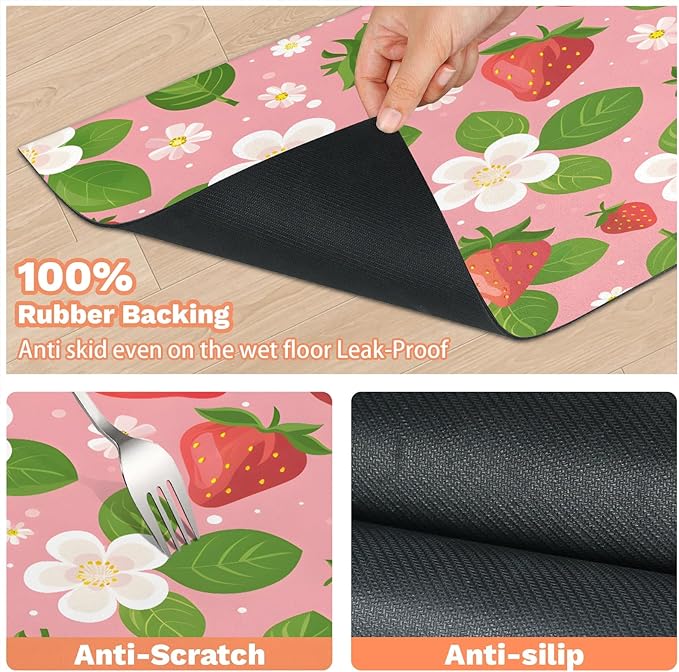 Cute Strawberry Dog Food Mat for Floors Absorbent Dog Bowl Mat for Food and Water Dispenser Quick Dry Cat Food Placemat Pet Supplies 17" x 30", Fruit Floral