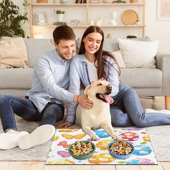 Happy Easter Dog Food Mat for Floors Absorbent Dog Bowl Mat for Food and Water Dispenser Quick Dry Cat Food Placemat Pet Supplies 16" x 24", Butterfly Flower