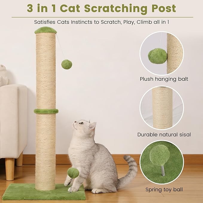 33" Tall Cat Scratching Post, 3-in-1 Durable Sisal Vertical Cat Scratcher Post with Hanging Ball, Soft Fabric Stable Base Cat Scratch Pole for Indoor Cats and Adult, Green