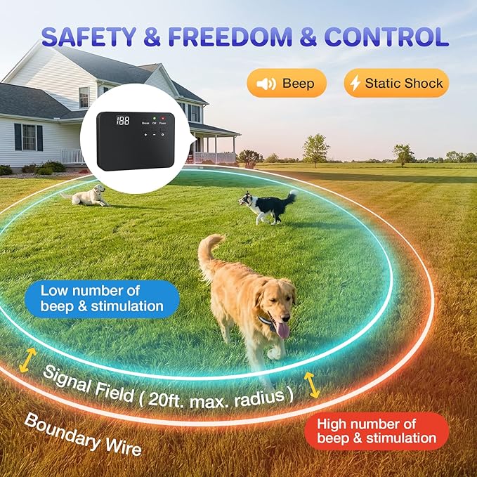 Electric Dog Fence System, Waterproof Collar Receiver, With 656Ft Underground/Aboveground Boundary Wire Wired Pet Containment System with Adjustable Static/Tone Correction for Small Medium Large Dogs