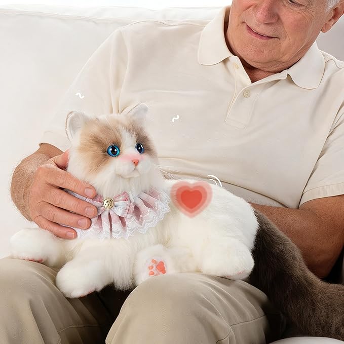Chongker Interactive Companion Robot Cat Pets, White Cat Stuffed Animals with Small Scarf & Comb, Voice Response, Realistic Heartbeat, Purring Sounds, Gifts for Parents, Seniors, Adults